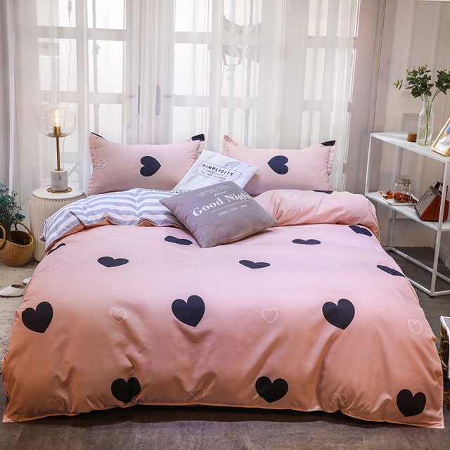 Pink Heart Duvet Cover Set Bedding Set 3PCS Microfiber Love & Stripe Pattern Reversible Quilt Cover Zipper with 2 Pillow Cases