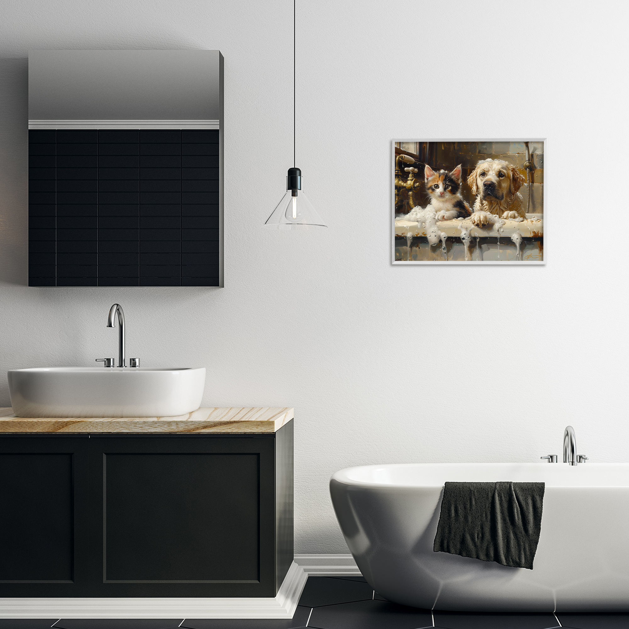 Bath Buddies Cat & Dog White Framed Giclee Art, design by Shawna Stewart