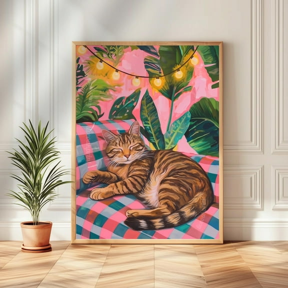 Cozy Tabby Cat Print – Boho Cat Wall Art – Gingham Bedroom Decor – Brown Cat Print – Pink And Green Cat Poster – Cute Animal Wall Art Wall Art, Modern Wall Decor, 8x12 UNFRAMED