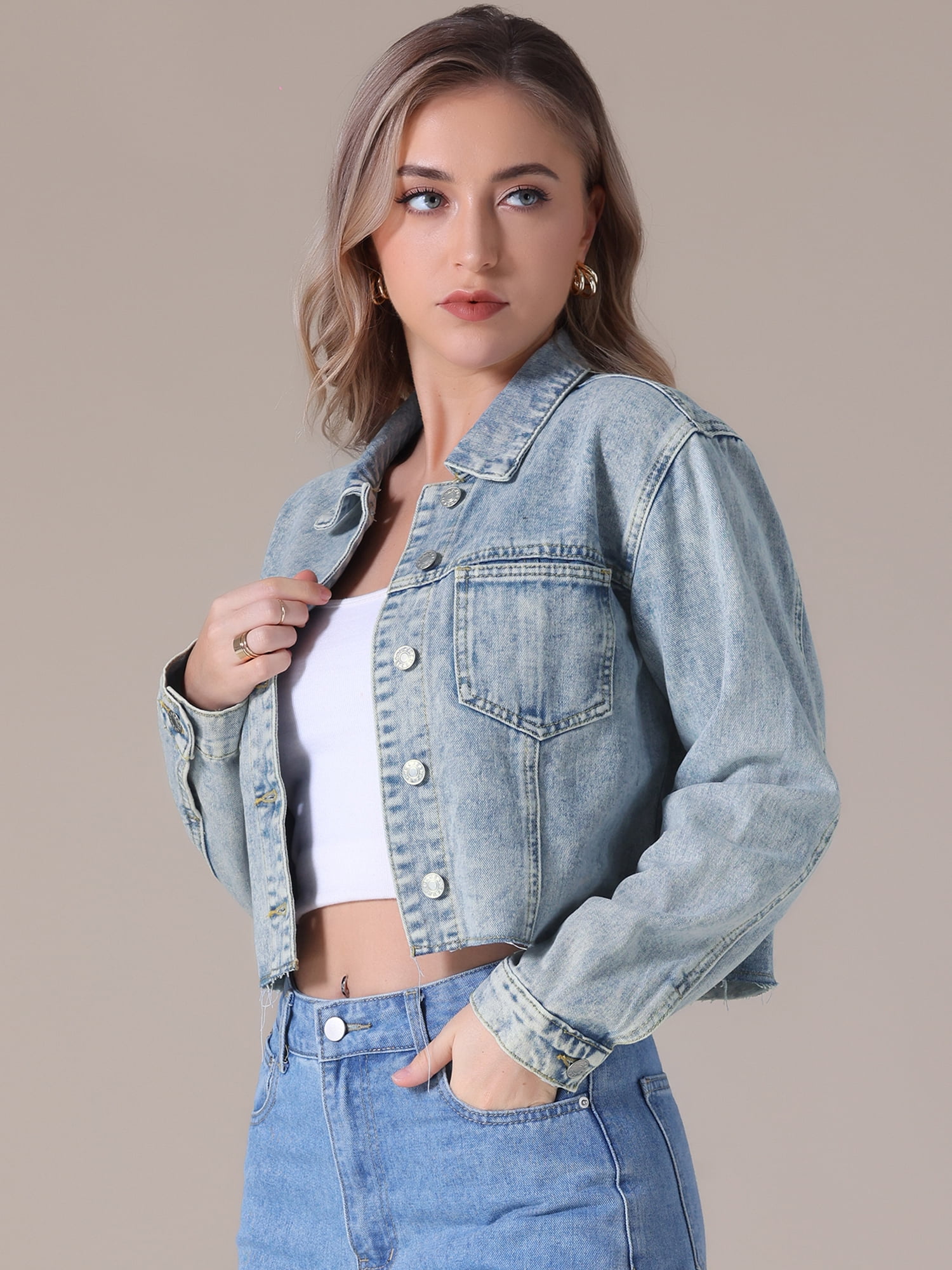 DARING DIVA Women's Cropped Washed Lightweight Frayed Hem Denim Jacket L Light Blue