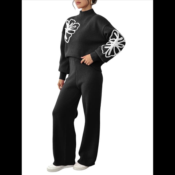 Conjunto de 2 Piezas para Mujer: Jersey de Punto de Larga y Pantalón , Chándal A Juego Negro XL
