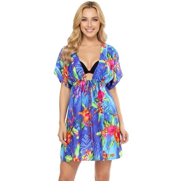 HAPPY BAY Women's Beachwear Summer Mini Tropical Dress Swimsuit Coverups for Women V Neck Tops Swim Beach Cover ups for Swimwear Women XL-XXL Sky_A77