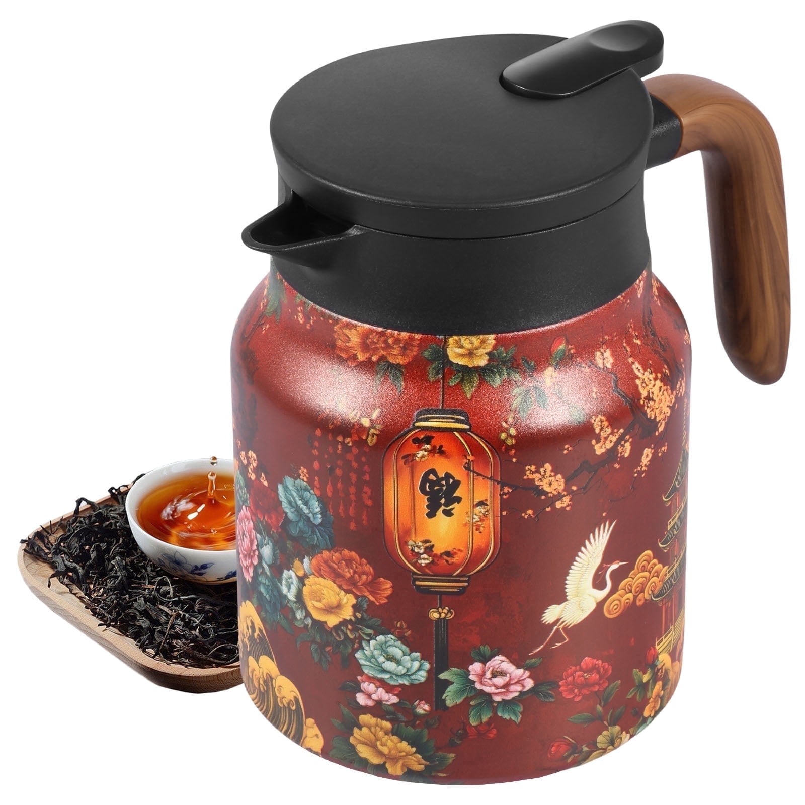 Qenwkxz Vintage Flower Pattern Teapot 33.82oz Vacuum Insulated Stainless Steel Thermal Teapot with Removable Infuser and Wood Handle for Home Office