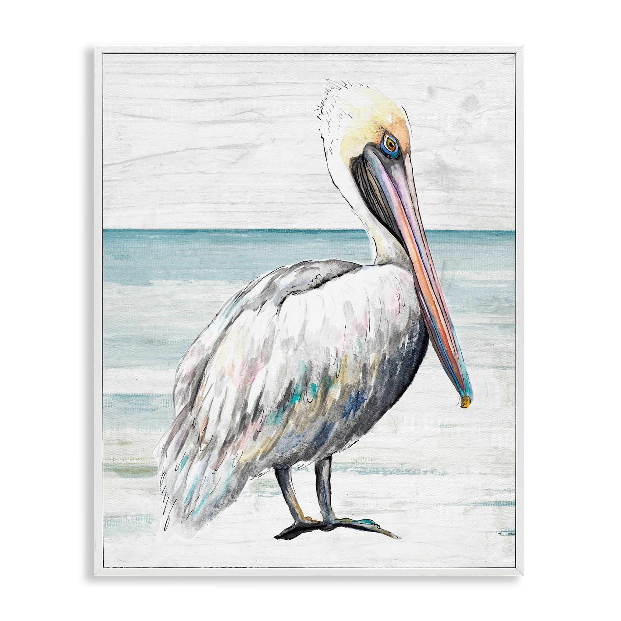 Stupell Industries Rustic Pelican Bird Beach Shoreline Portrait Graphic Art White Framed Art Print Wall Art, Design by Patricia Pinto