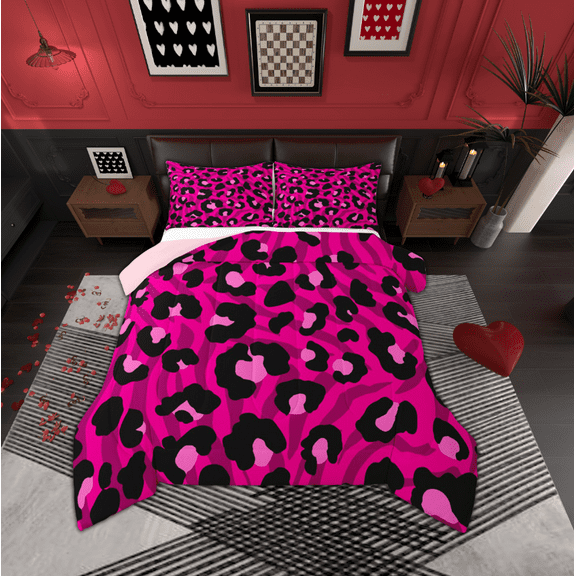 Manfei Leopard Print Bedding Comforter Set,Zebra Pattern Twin Comforter Sets,Pink Black Bedding Set For Teens,Super Cozy Room Decor Reversible,2 Pieces
