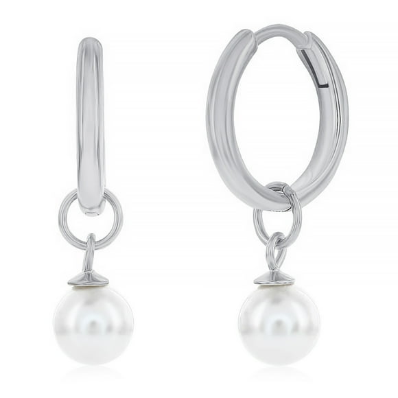 925 Sterling Silver Rhodium Plated 6mm Round Pearl Charm 14mm Huggie Hoop Earrings