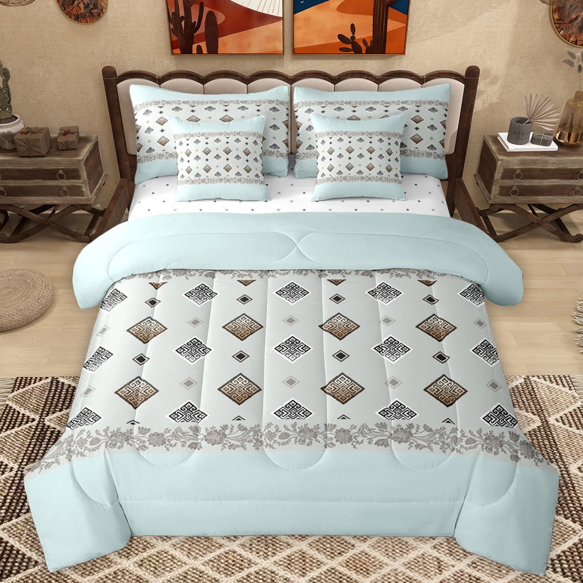 Homewish Tribal Aztec Square Bedding Comforter Set 7pcs Retro Damask Flower Queen Bedding Sets Blue Bohemian Style Reversible Queen Sheet Sets Ultra Soft Bedroom Decor