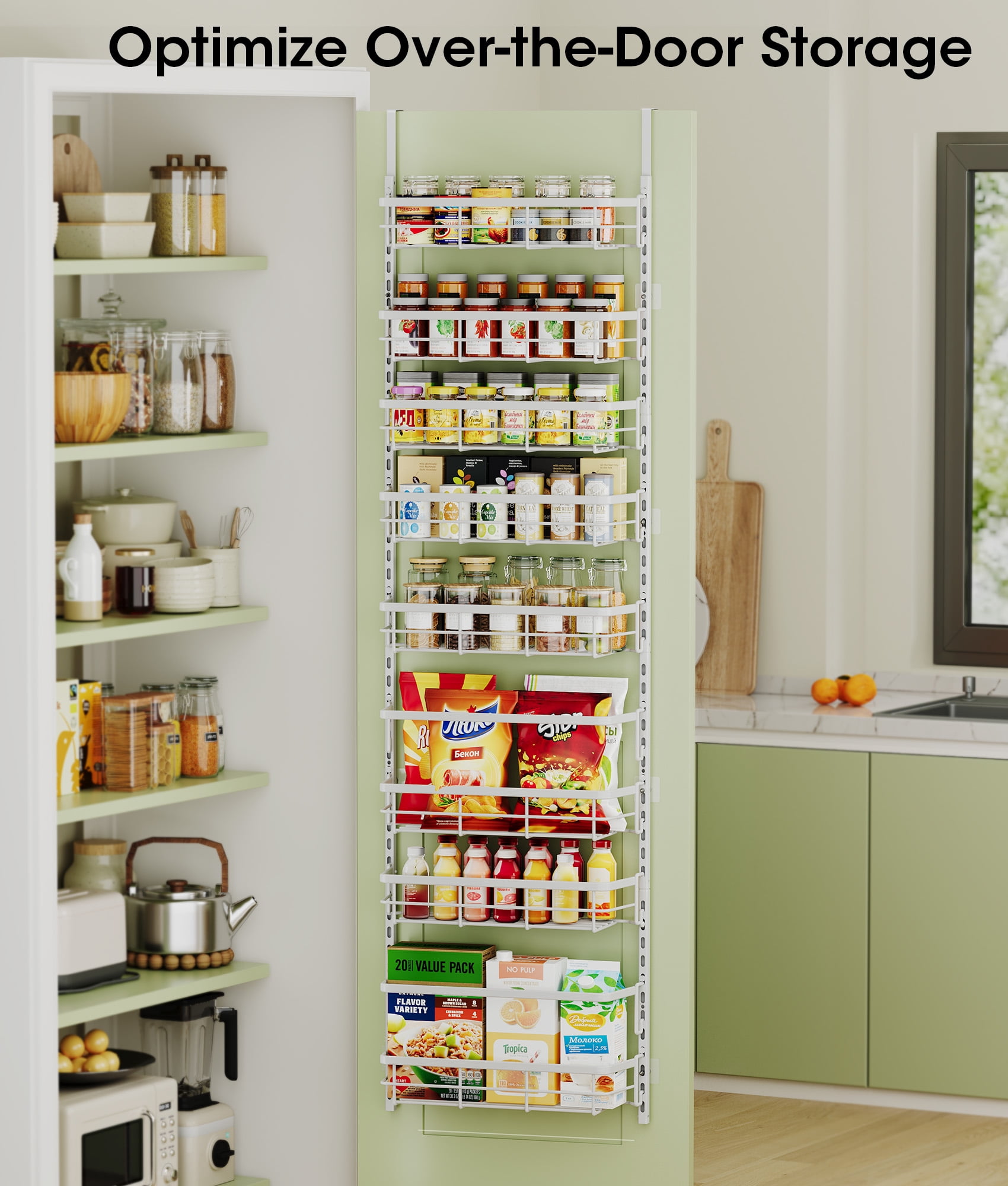 8-Tier Adjustable Over the Door Pantry Organizer with 2 Sets Hooks Fits Most Doors, Hanging Spice Rack for Pantry Door Organizer And Storage, White