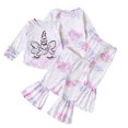 thumbnail image 1 of KYAIGUO Infant Toddler 2PCS Spring Fall Sweatshirt Outfit for Girls Ruffle Sleeve Floral Pullover Tops + Flare Bell Bottom Pants Set 6M-5Y Baby Print Sweatsuit Top & Flare Pants Set, 1 of 9