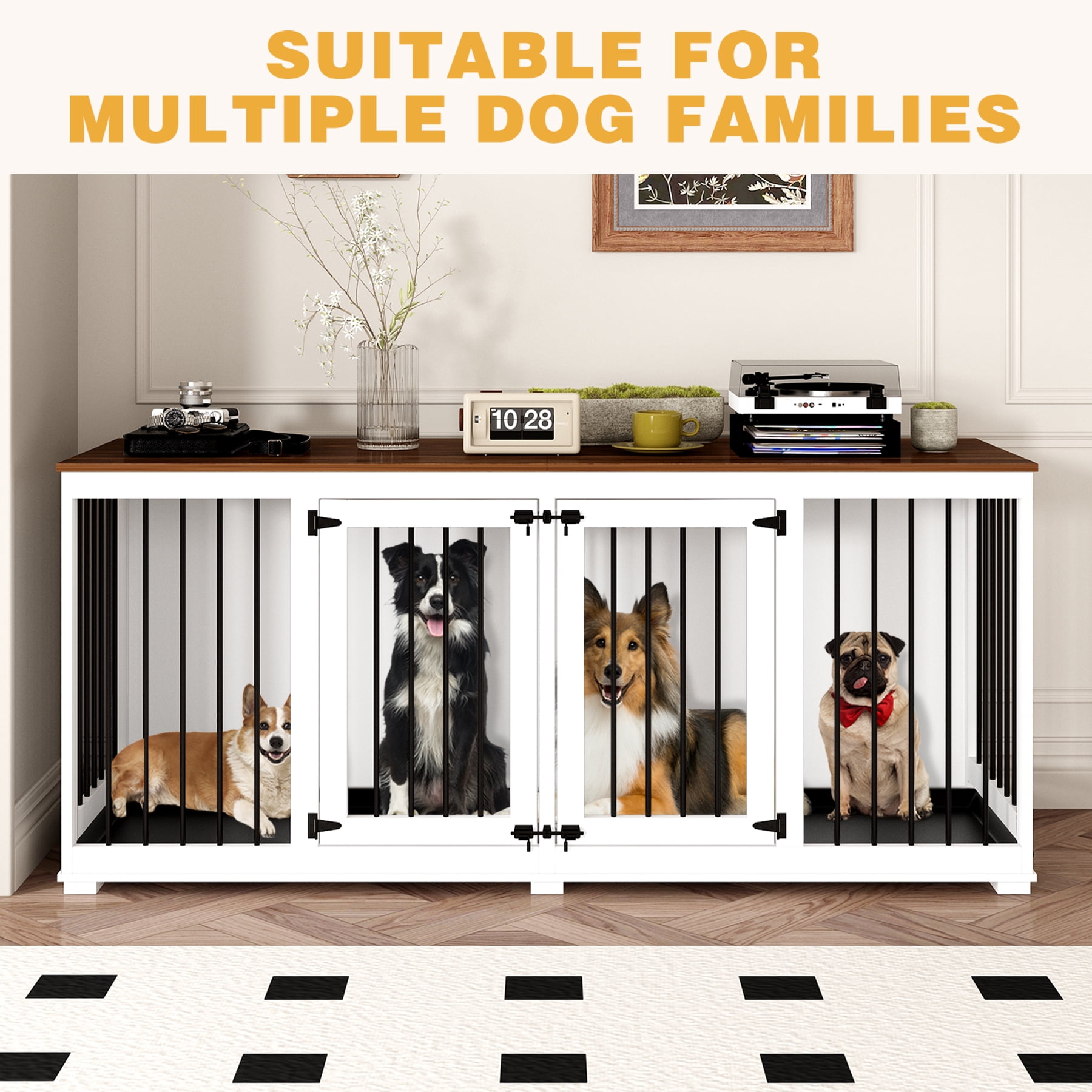 NARTRU 70.9" Large Double Dog Crate Kennel Furniture with Trays and Divider for Small Medium Large Dogs Indoor, White