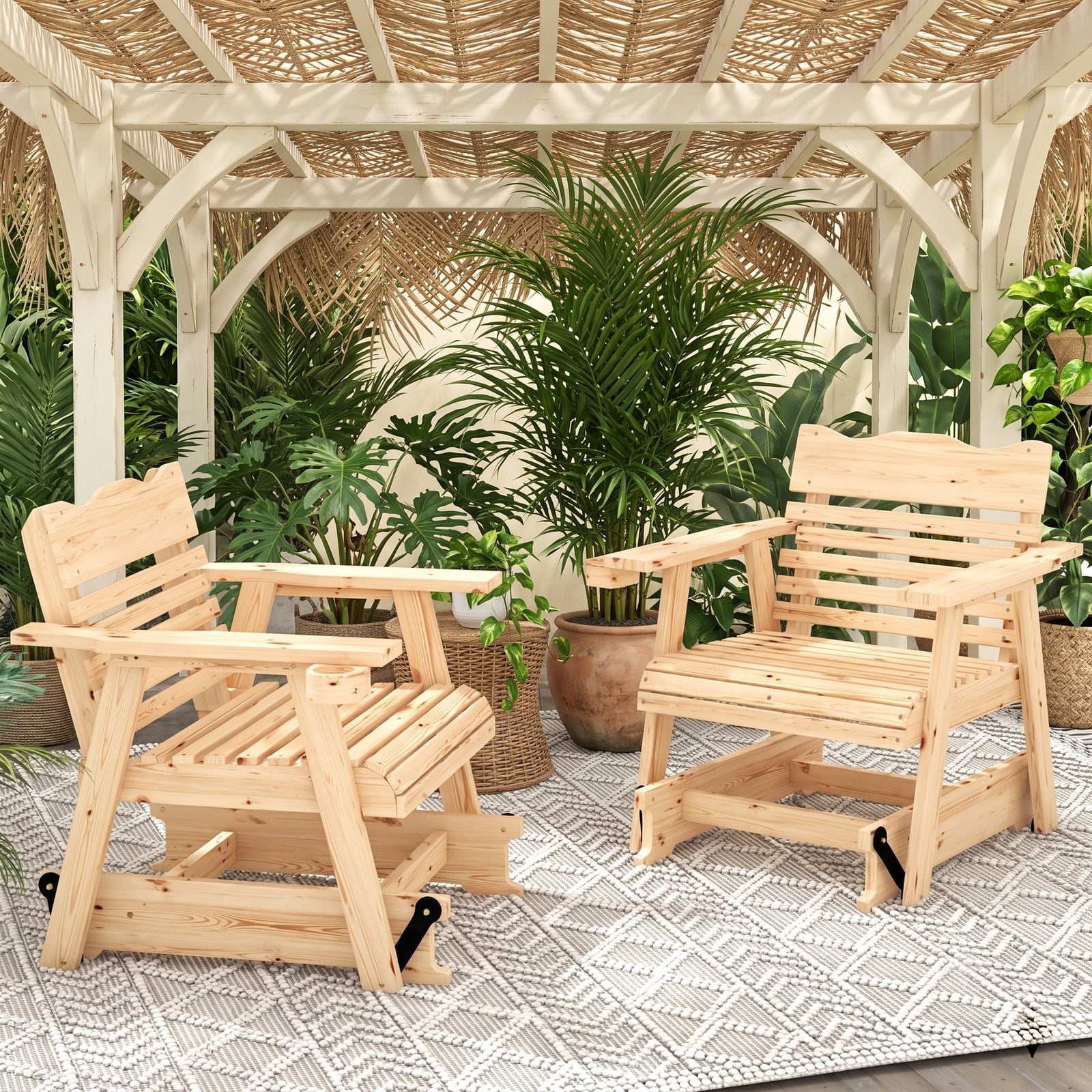 Furnibear Outdoor Wood Rocking Chair with High Back and Widened Armrests for Patio, Front Porch, Deck and Backyard, Natural