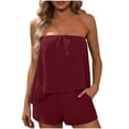 thumbnail image 2 of Strapless 2 Piece Shorts Sets Women Sleeveless Ruched Flowy Tube Tops with Shorts for Summer Vacation Wine XL, 2 of 6