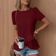 thumbnail image 7 of FRSASU Women's Eyelet T-Shirt Hollowed-Out Crew Neck Short Sleeve Cross Ruffle Hem Casual Summer Tunic Tops Wine, 7 of 7