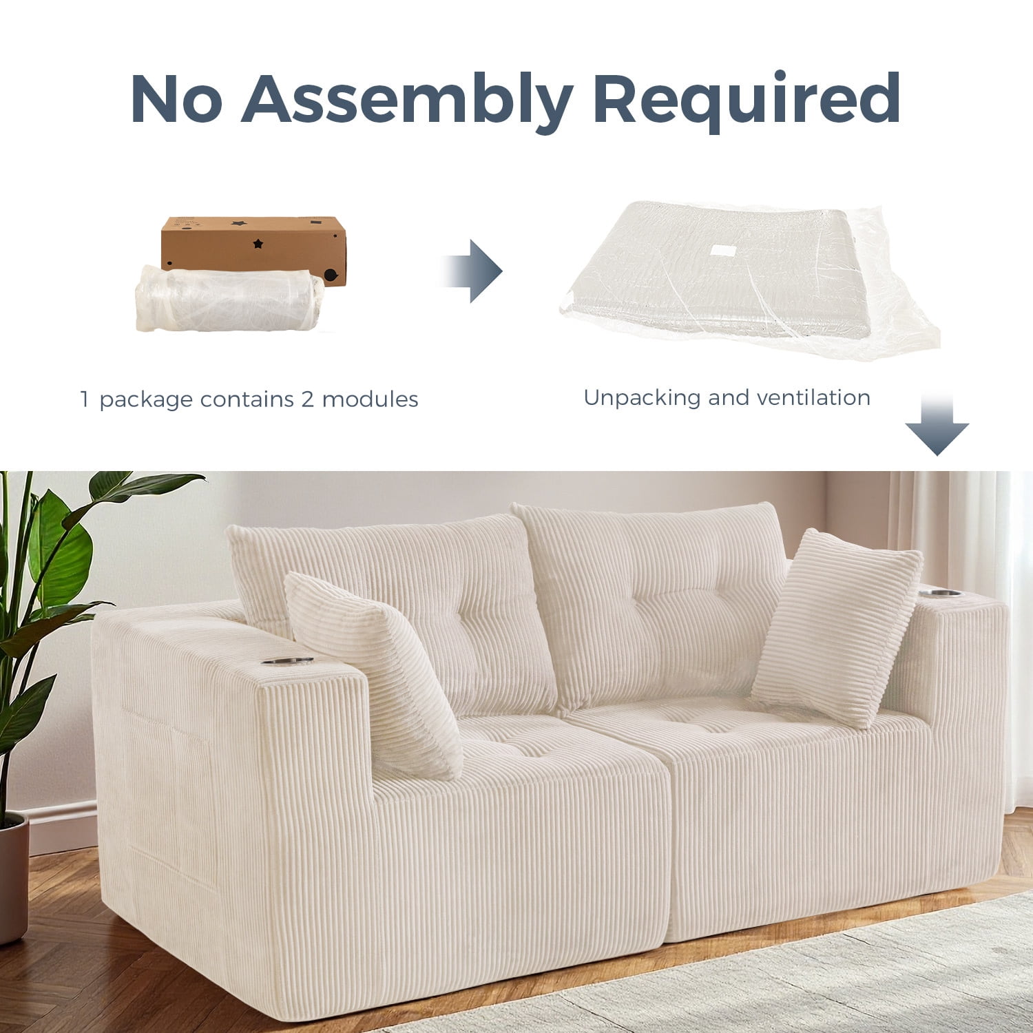 BYBYME 73"Oversized Loveseat Couch,2 Seat Sectional Corduroy Tufted Sofa,Upholstered Symmetrical Cloud Couch with Double Chaise,Wrap Around Sofa for Living Room Apartment Office,Sofa in A Box,Beige