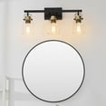 thumbnail image 4 of Rockhampton 3-Light Vanity Light, Matte Black, Matte Brass Accent Sockets, Seeded Glass Shades, 4 of 9