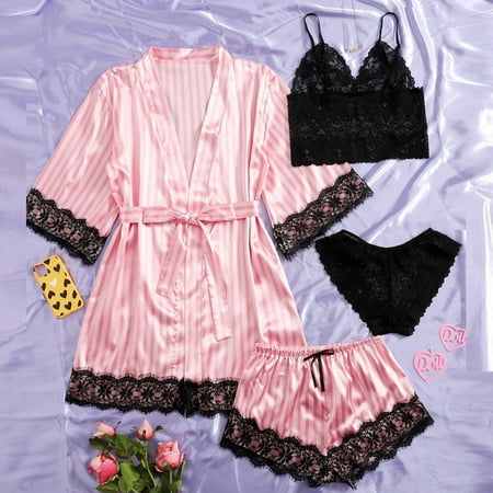 

Paiwinds Savings Clearance Women Plus Size Sexy Lingerie Silk Robe Satin Bathrobe Four-piece Set Sleepwear Pajamas Hot Pink