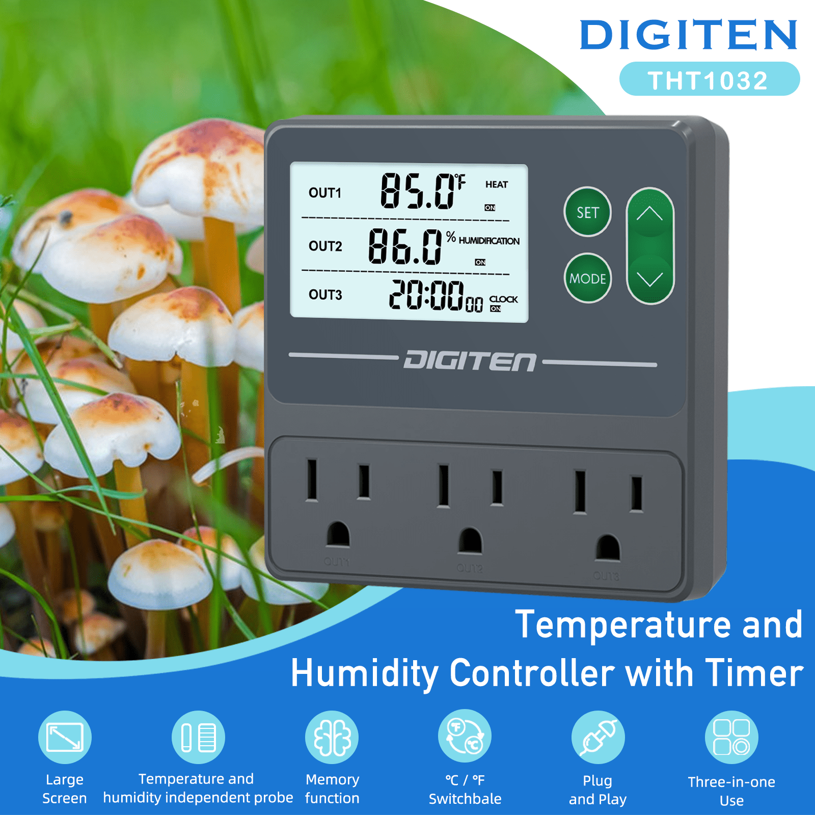 DIGITEN Temperature and Humidity Controller with Timer - 3 Outlet, 2 Separate Probes, Plug in Temperature Controller for Reptiles ,Snake, Mushrooms