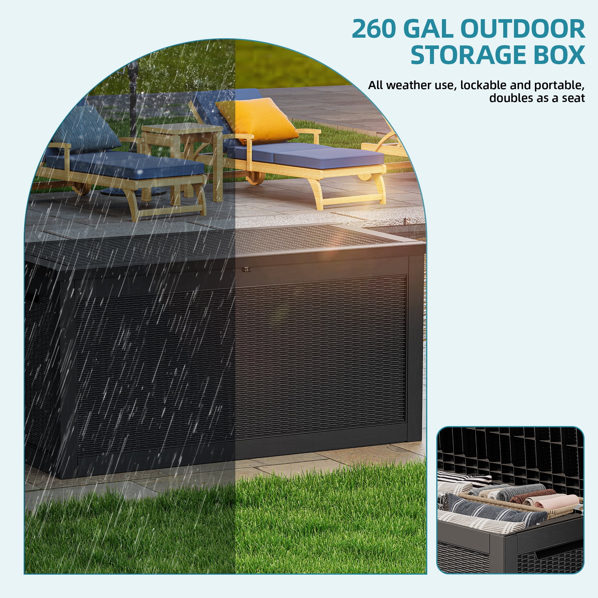 Uforic XXL 260 Gal Large Deck Box, Outdoor Rattan Storage Box, Waterproof & Lockable,Black
