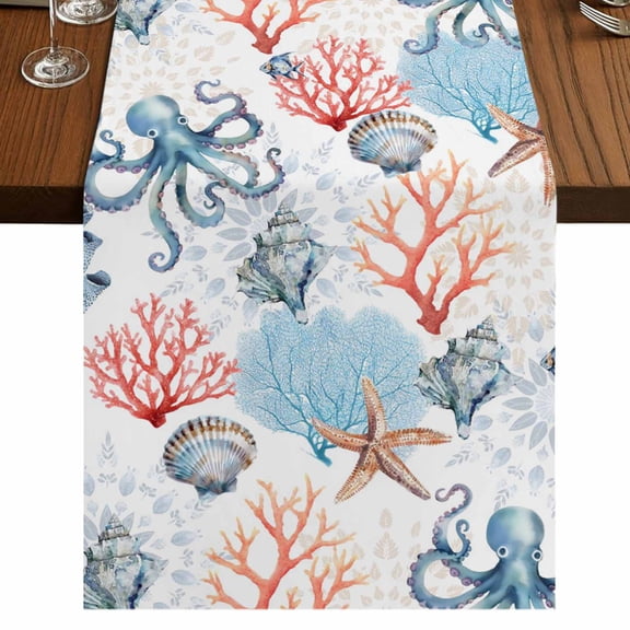 Coastal Ocean 36 Inch Table Runner, Summer Beach Nautical Octopus Corals Farmhouse Dresser Scarf Cotton & Linen Tablerunner for Dining/Kitchen Island/Holiday Party Décor Small 13" x 36"