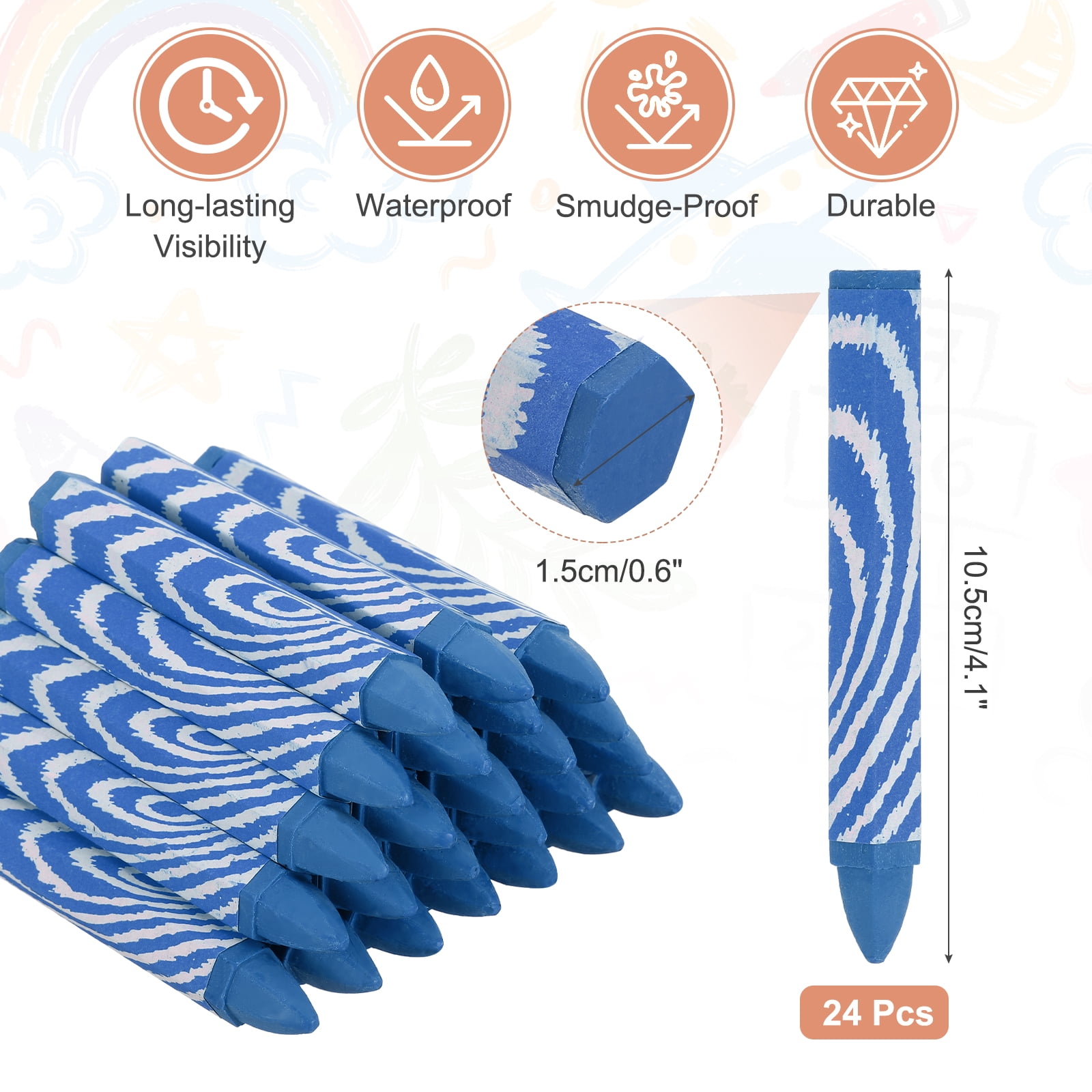 24Pcs Lumber Marking Crayons, 4.1" x 0.6" Hex Wax Tire Marker Pen Drawing Crayons for Wood Metal(Blue)