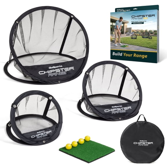 GoSports Chipster Range PRO Golf Chipping Nets - Portable Outdoor & Indoor Golf Practice Targets with Hitting Mat and 4 Foam Balls - Best Gifts for Golfers - Black