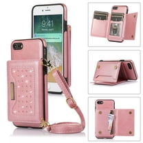 Feishell Crossbody Wallet Women Case for iPhone 7, iPhone 8, iPhone SE 2020,[RFID Blocking] Credit Card Holder Phone Case with Strap,PU Leather Purse with Lanyard Bling Flip Cover, Pink