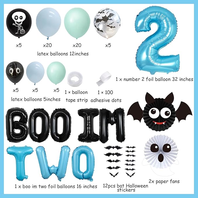 Halloween 2nd Birthday Party Decorations, Boo Im Two Decor Birthday Boy, Blue and Black Balloon Arch Kit, Ghost Number 2 Foil Balloons Bat Halloween Stickers for 2 Year Old Party