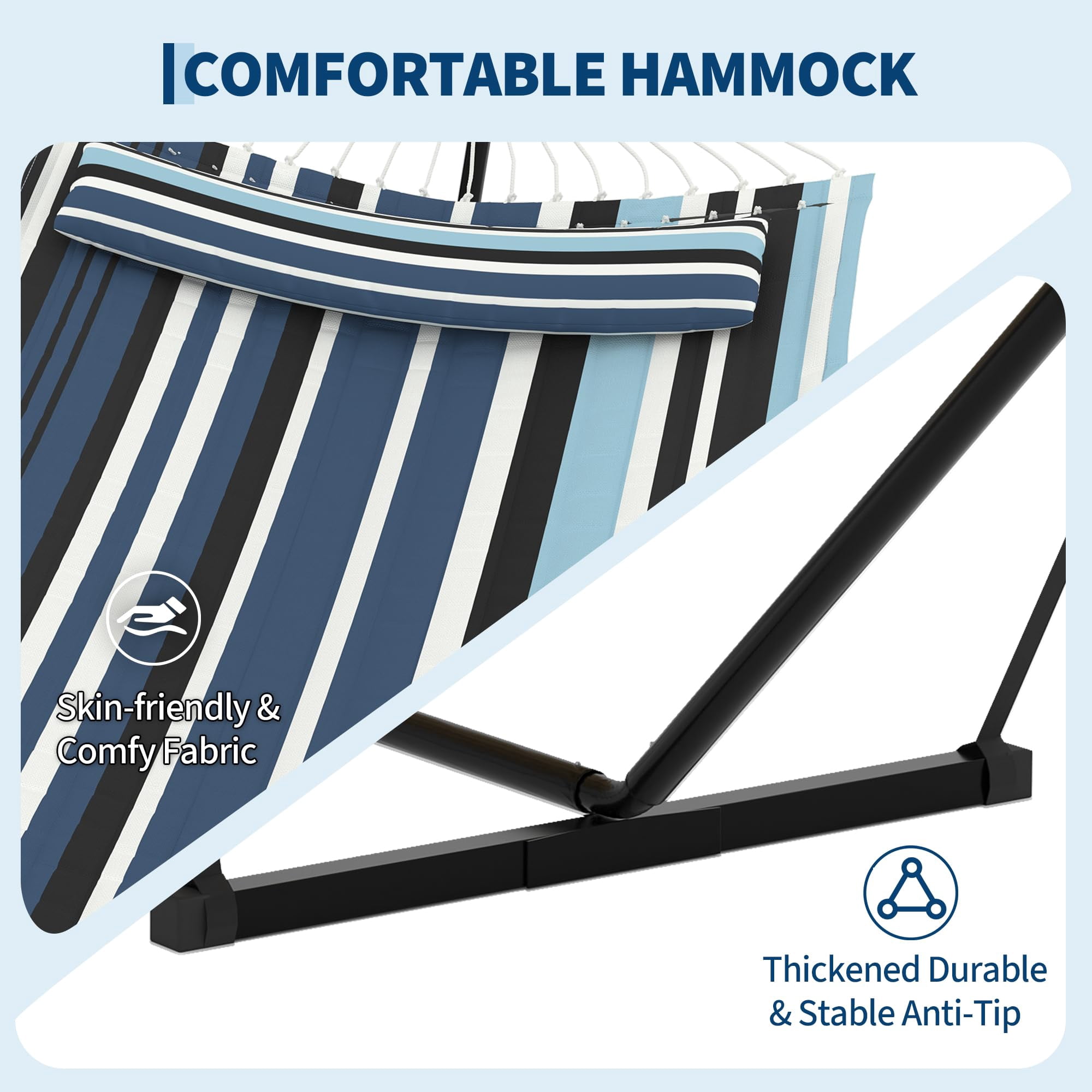 Heavy Duty 450 LBS Double Hammock with Stand & Pillow - 2 Person Outdoor Hammock with Balance Rope for Patio, Backyard, Poolside