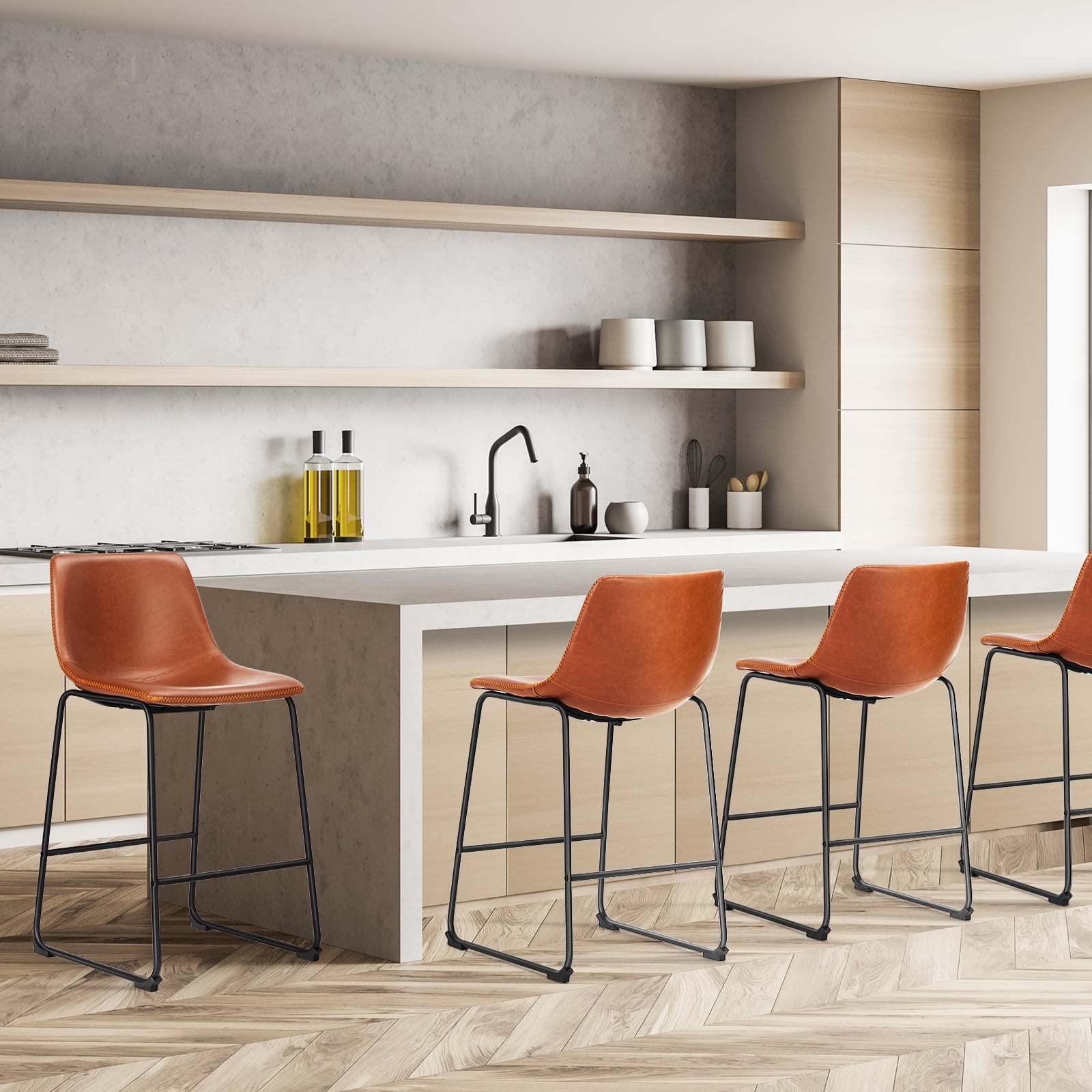 EDX Counter Height Bar Stools Set of 2 With Back and Footrest, Metal Frame, 26 inch, Brown