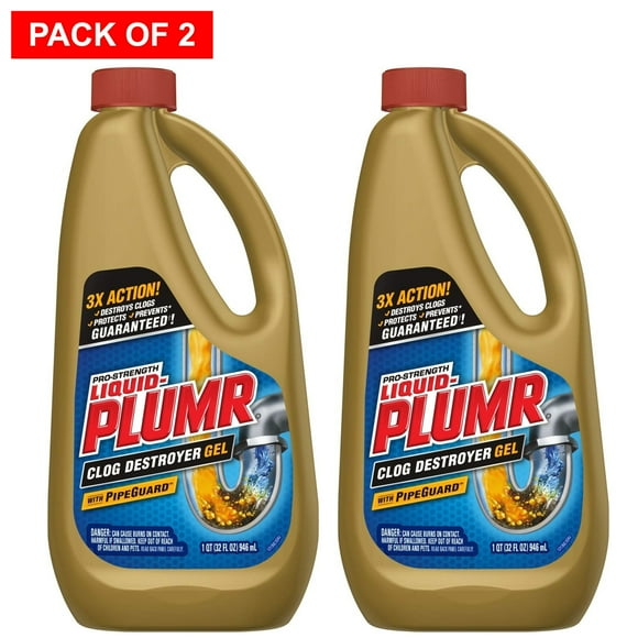 Liquid-Plumr Pro-Strength Clog Remover, Full Clog Destroyer with PipeGuard, 32 Fl Oz (946 ml) Pack of 2