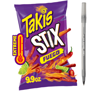 Takis Fuego Stix 9.9 oz Sharing Size Bag, Hot Chili Pepper & Lime Flavored Extreme Spicy Corn Snack Sticks with pan