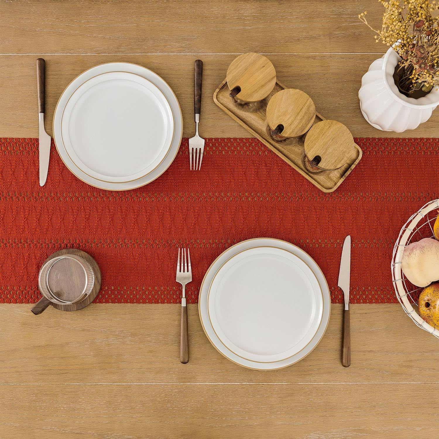 Boho Table Runner, Macrame Style Ivory Table Runners Farmhouse Woven Home Decor, 12x48 Inch, Dark Orange