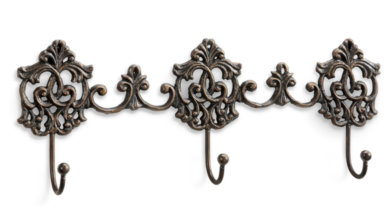 Elegant Ornate Scroll Triple Wall Hooks 16.5 Inches Antiqued Brass