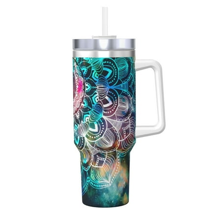 

Salouo Watercolor Mandala for 40oz Water Bottle with Handle & Flip Straw - Stainless Steel Vacuum Insulated Tumbler-Reusable Travel Coffee Mug- Gifts for Women & Men