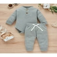 thumbnail image 2 of Baby Gitls Boys Waffle Plaid Clothes Fashion Solid Color Waffle Button Long Sleeve Romper and Tie-up Trousers, 2 of 8