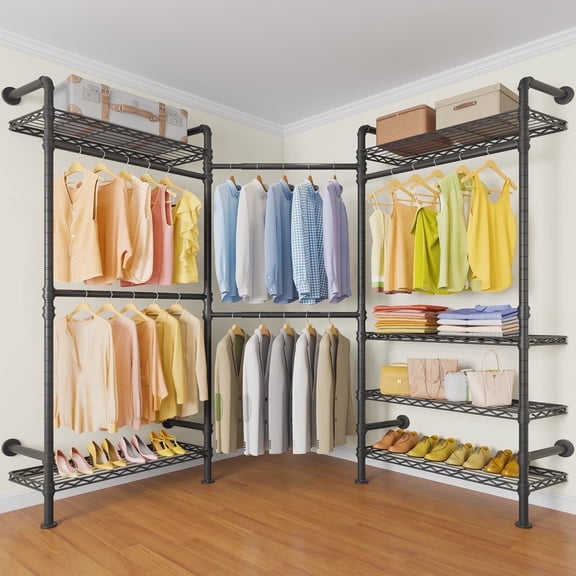 Timate L3 L-Shaped Heavy Duty Garment Rack, Industrial Pipe Wall-Mounted Closet System with Adjustable Shelves & Rods, Expandable Corner Wardrobe Kit, Max Load 950lbs, Black