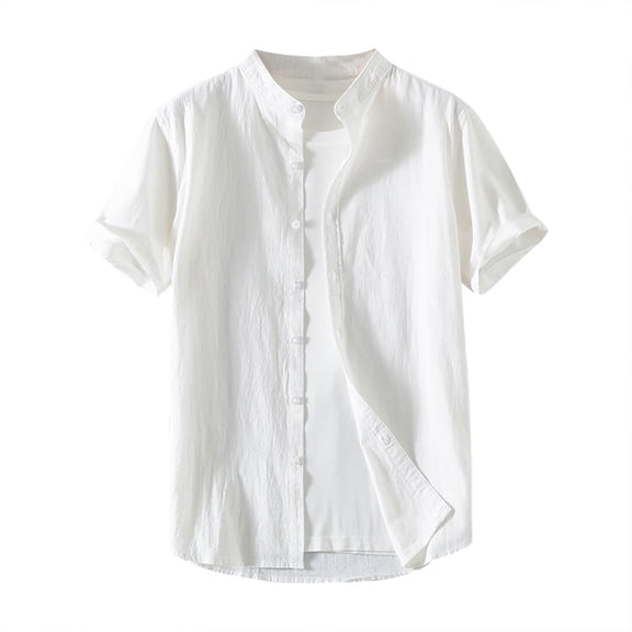 Men's Cotton Linen Short Sleeve Shirts Casual Button Down Banded Collar Shirt Plus Size Beach Summer Tops with Pocket