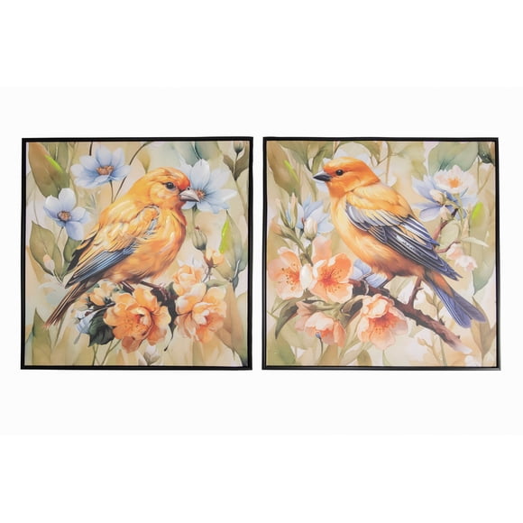 Framed Hand Painted Canvas Wall Art Spring Canary - Set of 2