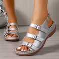 thumbnail image 2 of Rokment Womens Vintage Orthopedic Wedges Sandals 2026 Beach Summer Comfortable Leather Triple Buckles Arch Support Platform Walking Work Gladiator Sandals Silver Size 7, 2 of 7