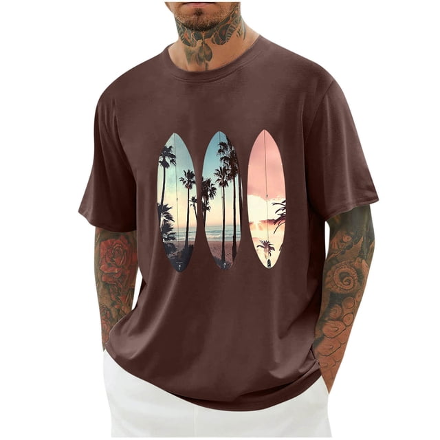 Ceisia Men's Loose Dropped Shoulder Hawaiian Surfboard Print Short Sleeve T-Shirt Casual Summer Top Brown XXXL Gifts