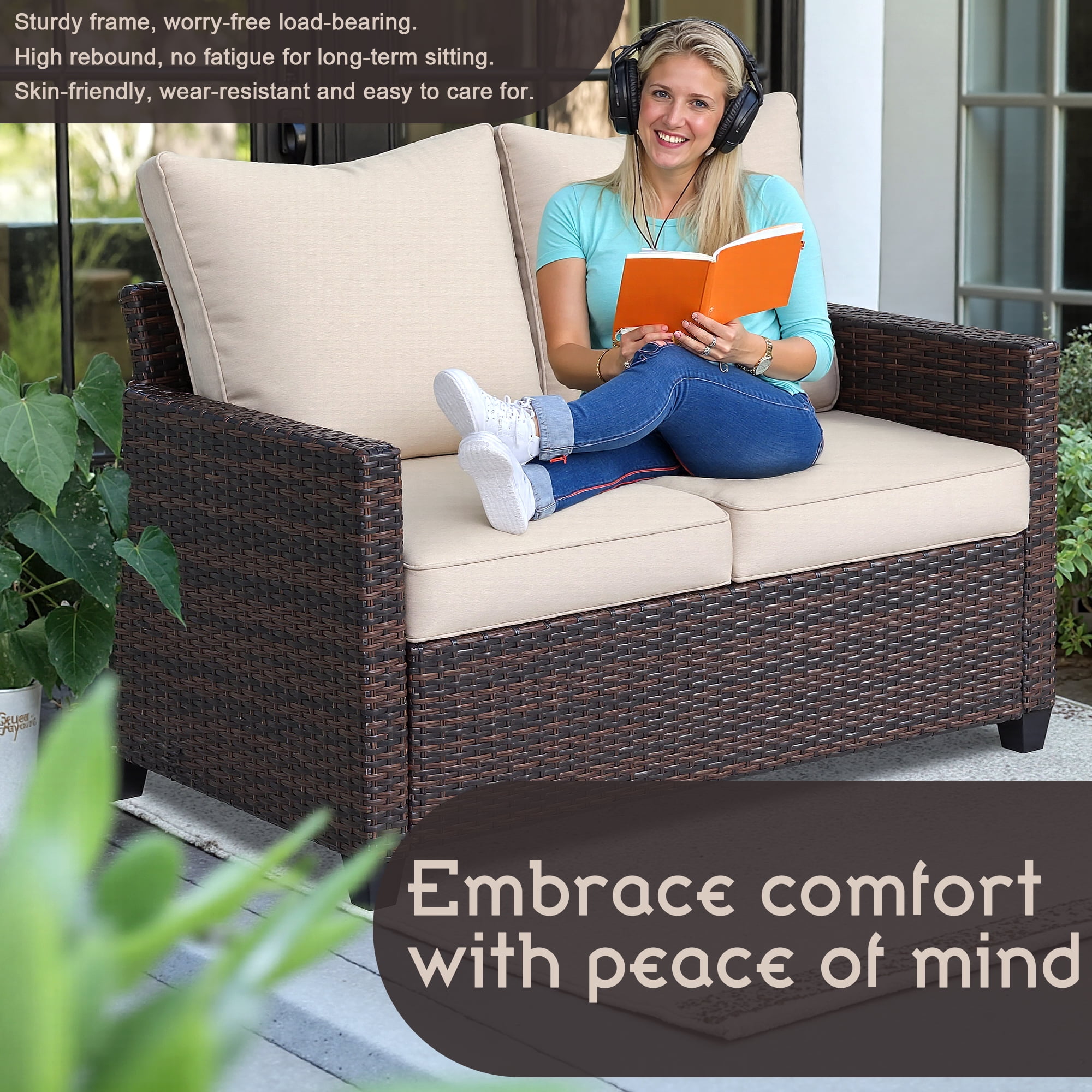 AstrPthylx Outdoor Loveseat, All-Weather 2-Seater Rattan Sofa with Cushions for Patio, Balcony, Backyard - Beige