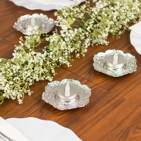 Efavormart 3 Pack | 4" Shiny Silver Metal Plum Blossom Votive Candle Holders, Vintage Mini Tea Cup Saucers