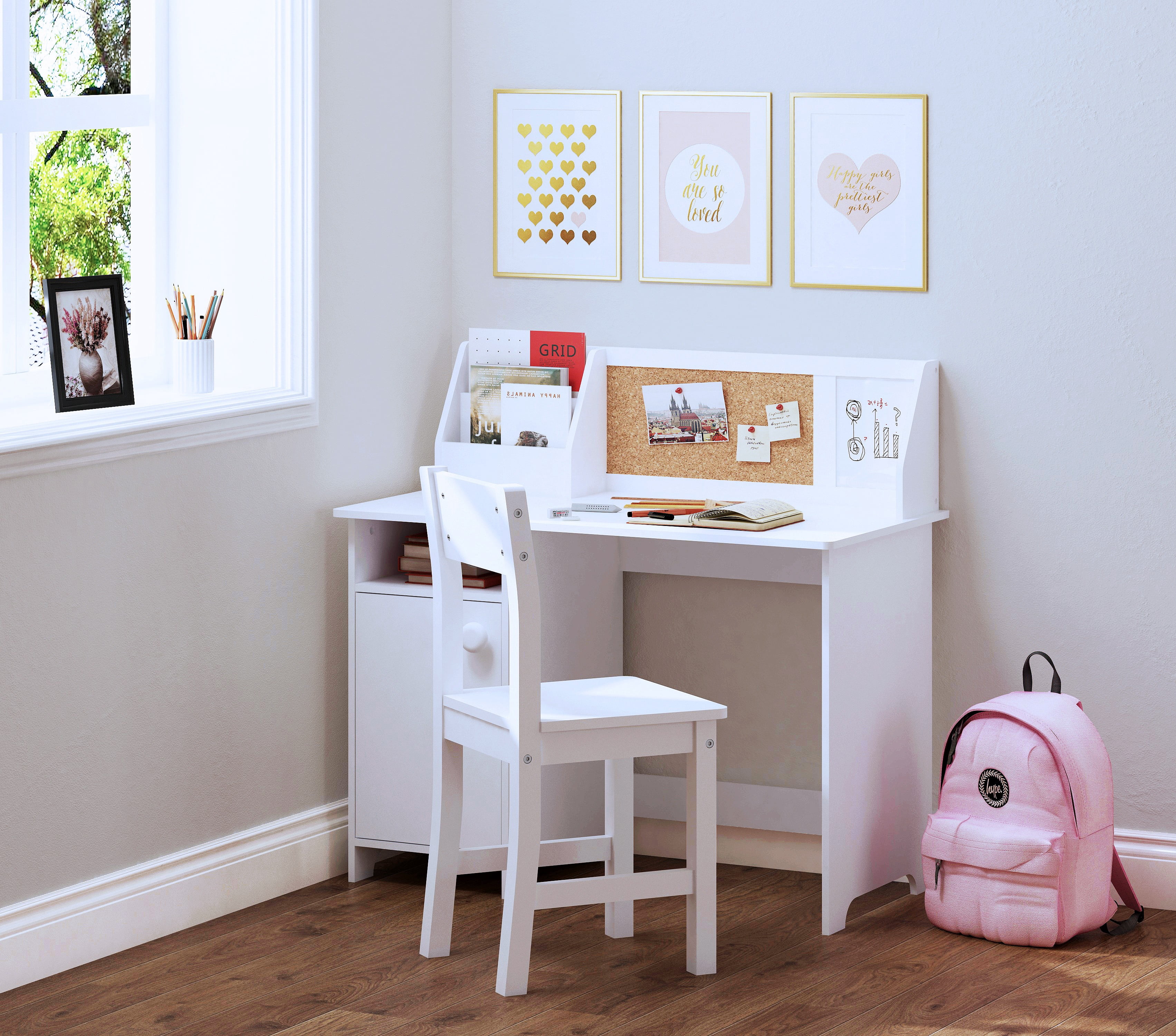 STAROUS Kids Study Desk with Chair, Wooden Study Table for 3-8 Years Old, Student's Workstation & Writing Table (White)