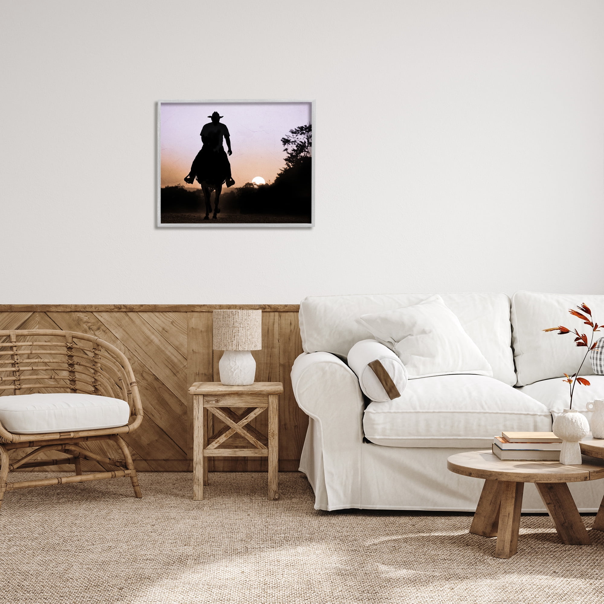 Stupell Industries Cowboy & Setting Sun Landscape Photography Gray Framed Art Print Wall Art, 30 x 24