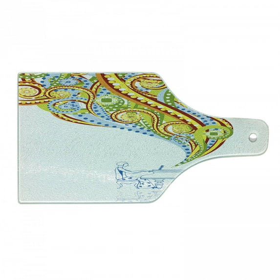 Abstract Cutting Board, Pianist Performing Swirls Colorful Music Coming out of Piano Instrument Hand Drawn, Tempered Glass Cutting and Serving Board, Wine Bottle Shape, Multicolor, by Ambesonne