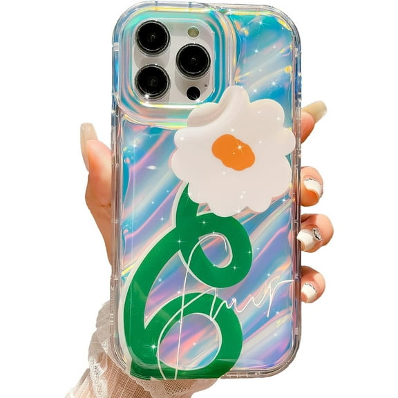 iPhone 14 Pro Max Holographic Case, Cute Laser 3D Curly Water Ripple Bling Glitter Luxury Wave Shape Phone case for Women Girls Silicone Protection Cover (Flower)