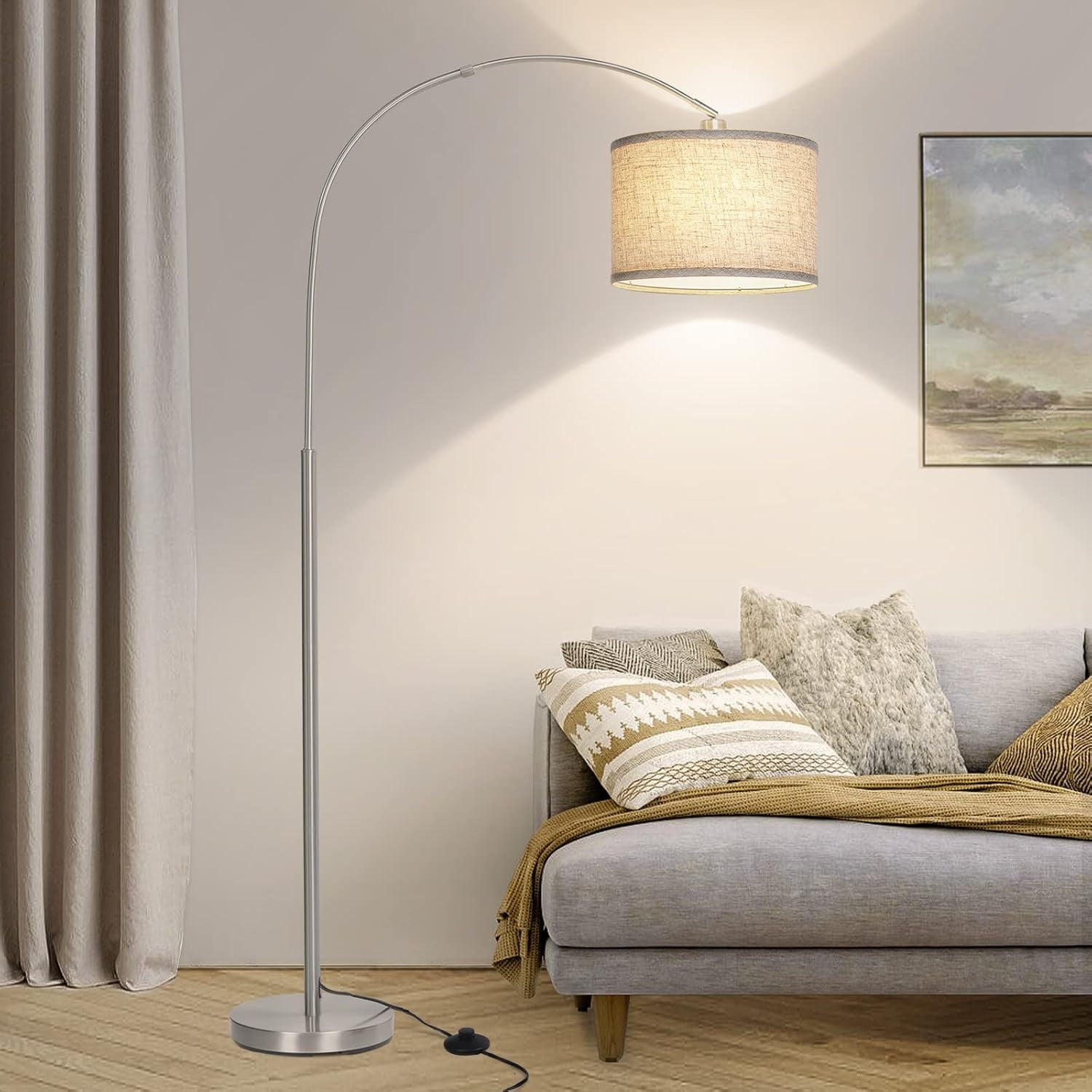 Modern Floor Lamp for Living Room with Adjustable Head, Tall Pole Lamp with On/Off Pedal Switch, Over Couch Tall Standing Light for Reading, Bedroom, Office (Silver)