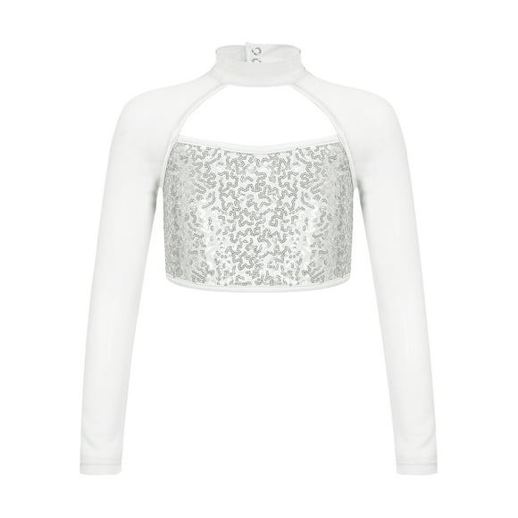 TSSOE Filles Enfants Paillettes Brillantes Haut Court à Manches Longues Tenue de Danse Ballet Haut de Sport T-Shirts Âge 5 - 14 Ans Paillettes Argent 16