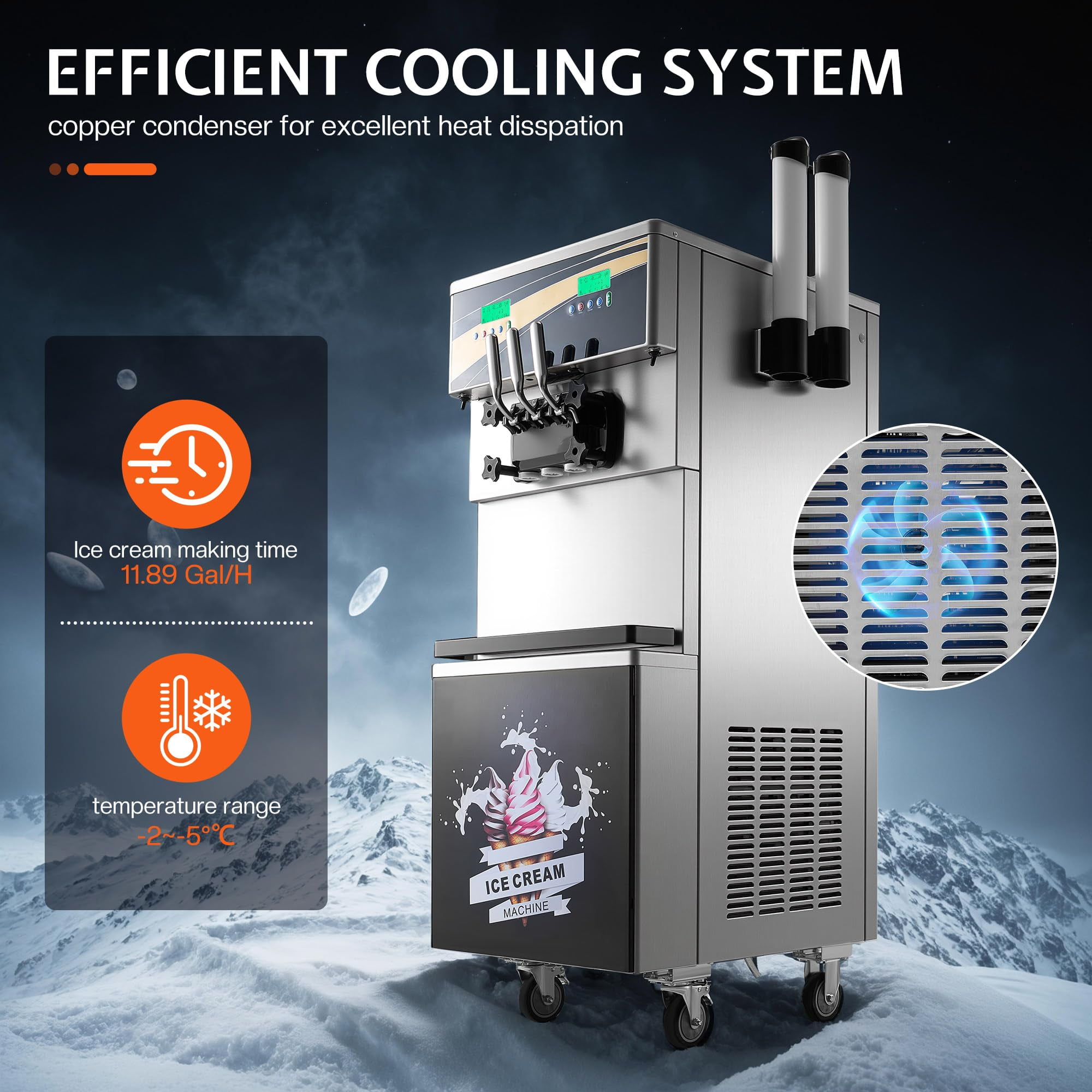 LUXOAK 45L/H Commercial Soft Ice Cream Machine, 3-Flavor Ice Cream Maker, Dual Compressors, Auto Clean & Pre-Cooling for Restaurants