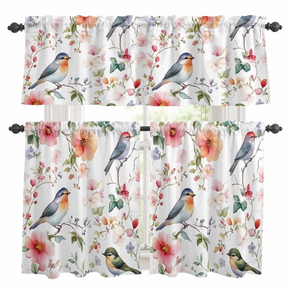 Colorful Birds Kitchen Curtains Sets for Windows 24 Inch Length, Spring Garden Tree Branch Floral Rod Pocket Window Treatments Tier Curtains and Valances Set for Bedroom/Bathroom